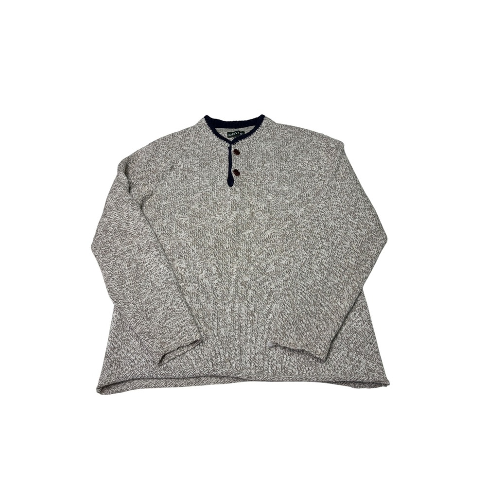 Orvis Mens Wool Blend Henley Sweater Large Marled Grey Oatmeal Long Sleeve L